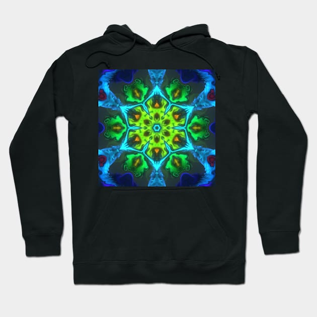 Psychedelic Kaleidoscope Flower Green Blue and Orange Hoodie by WormholeOrbital